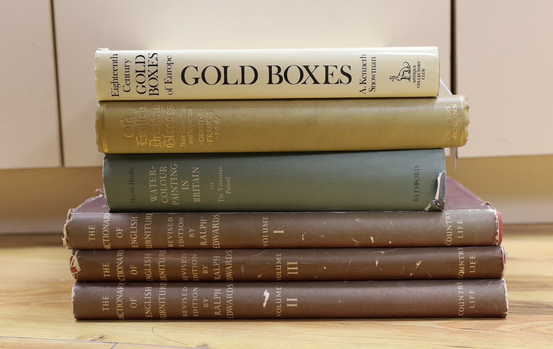 Edwards, Ralph - The dictionary of English Furniture, 3 Vols; Snowman, Kenneth - Gold boxes and two other books (6)